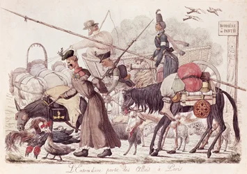 Karikatur, die den Einzug eines Teils der alliierten Truppen in Paris 1814 darstellt